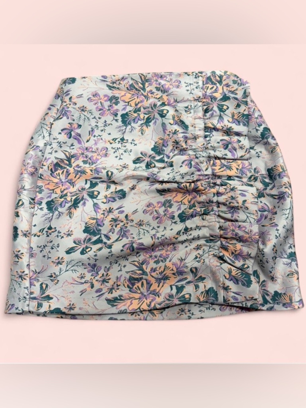 Zara Floral Ruched Mini Skirt in Light Blue, Lavender and Peach